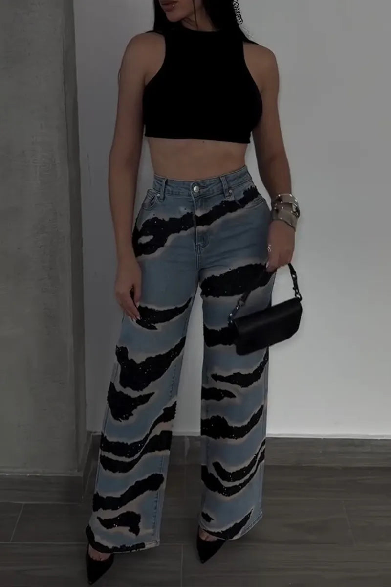 Women's Fashion Pattern Rhinestone Decoration Wide Leg Jeans