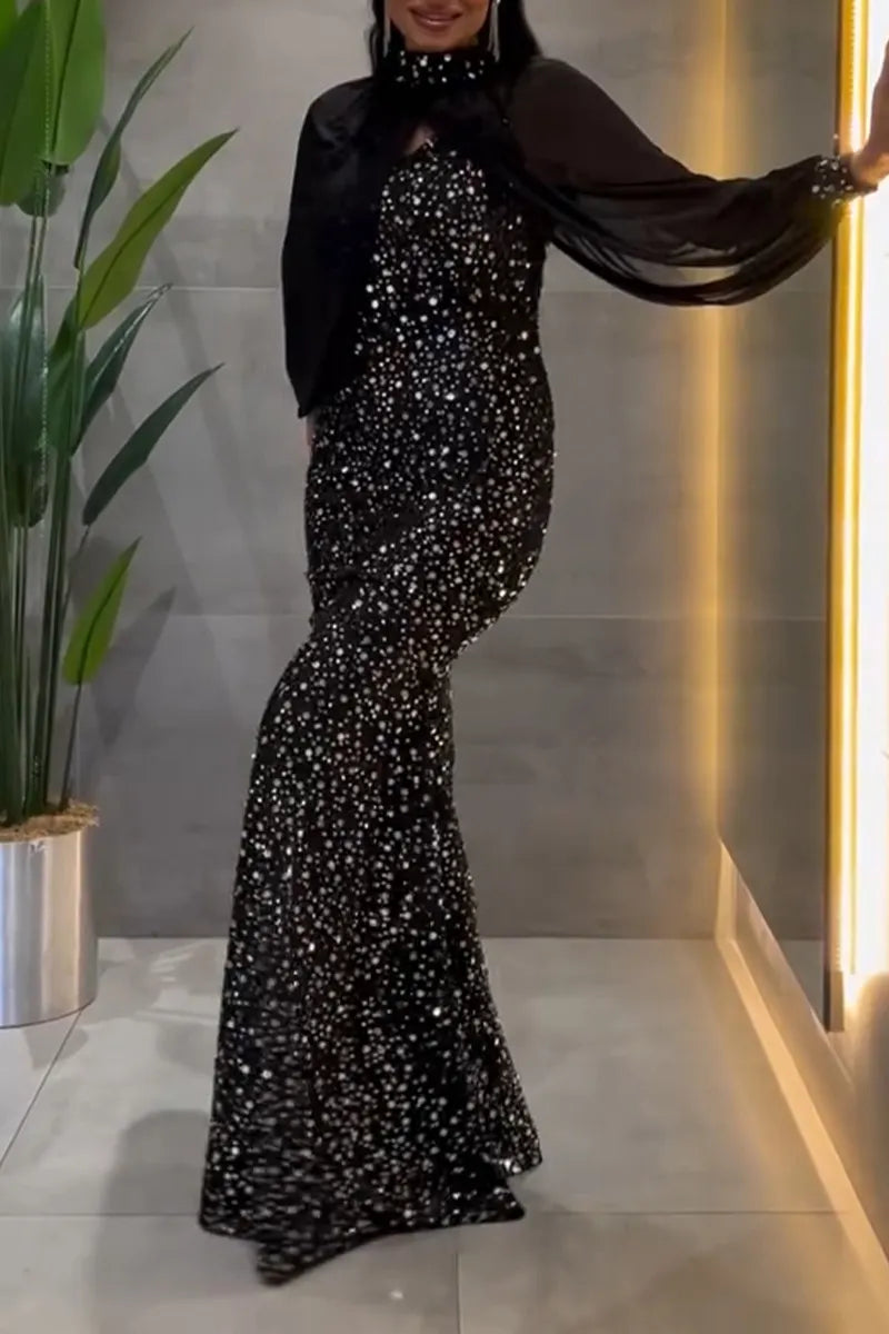 Women's Elegant Party Sequins with Cover-Up Maxi Dress