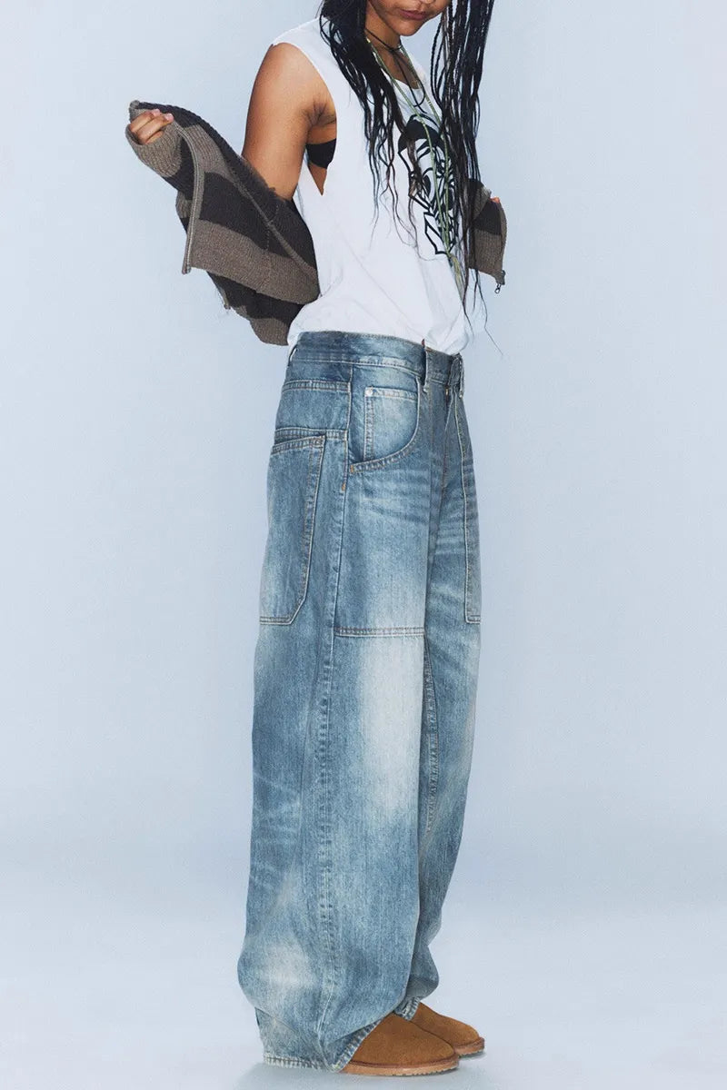 Women's Distressed Washed Baggy Jeans With Curved Hem