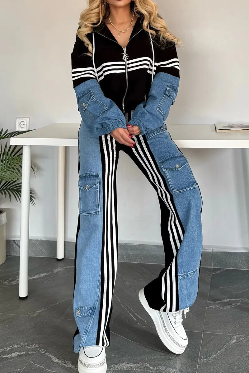 Women's Denim Patchwork Hooded Jacket + Cargo Pockets Side-Panels Jeans Sets