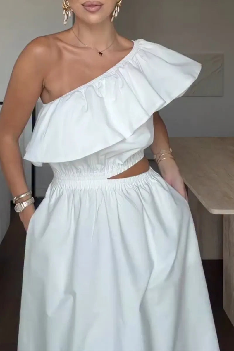 Women's Casual Ruffled Sleeve One Shoulder Waist Cutout  Maxi Dress