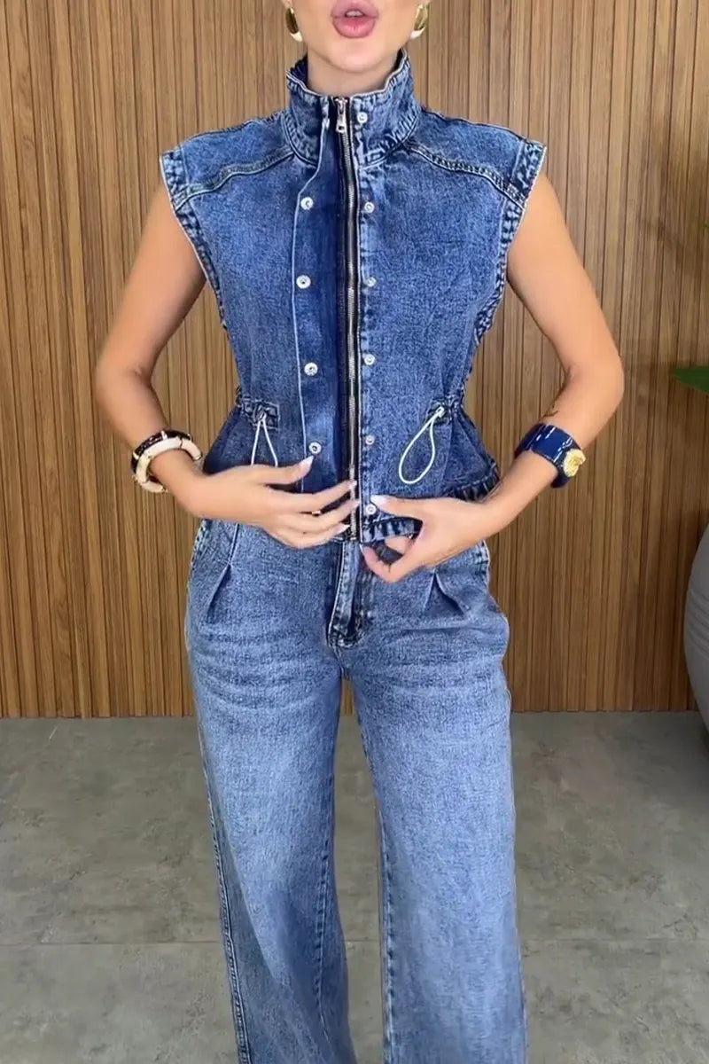Women's Casual Stand Collar Denim Vest or Wide Leg Jeans