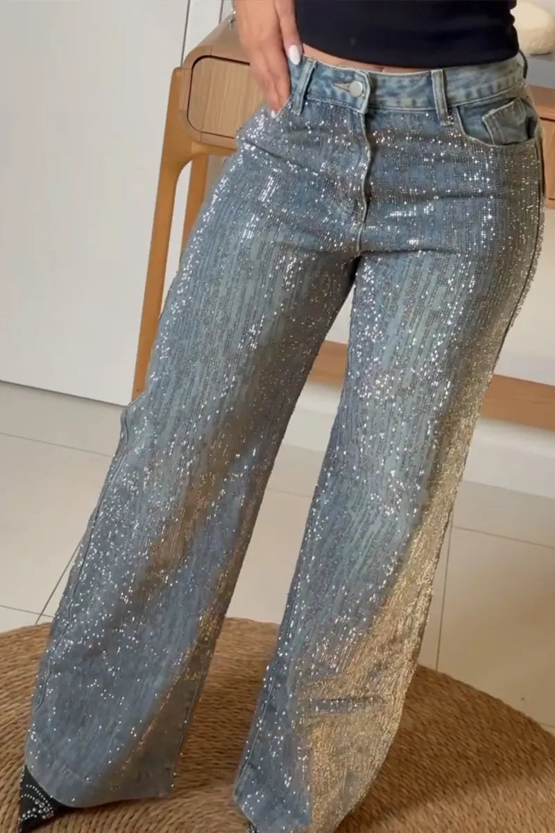 Women's Fashion Party Shiny Rhinestone Wide Leg Jeans