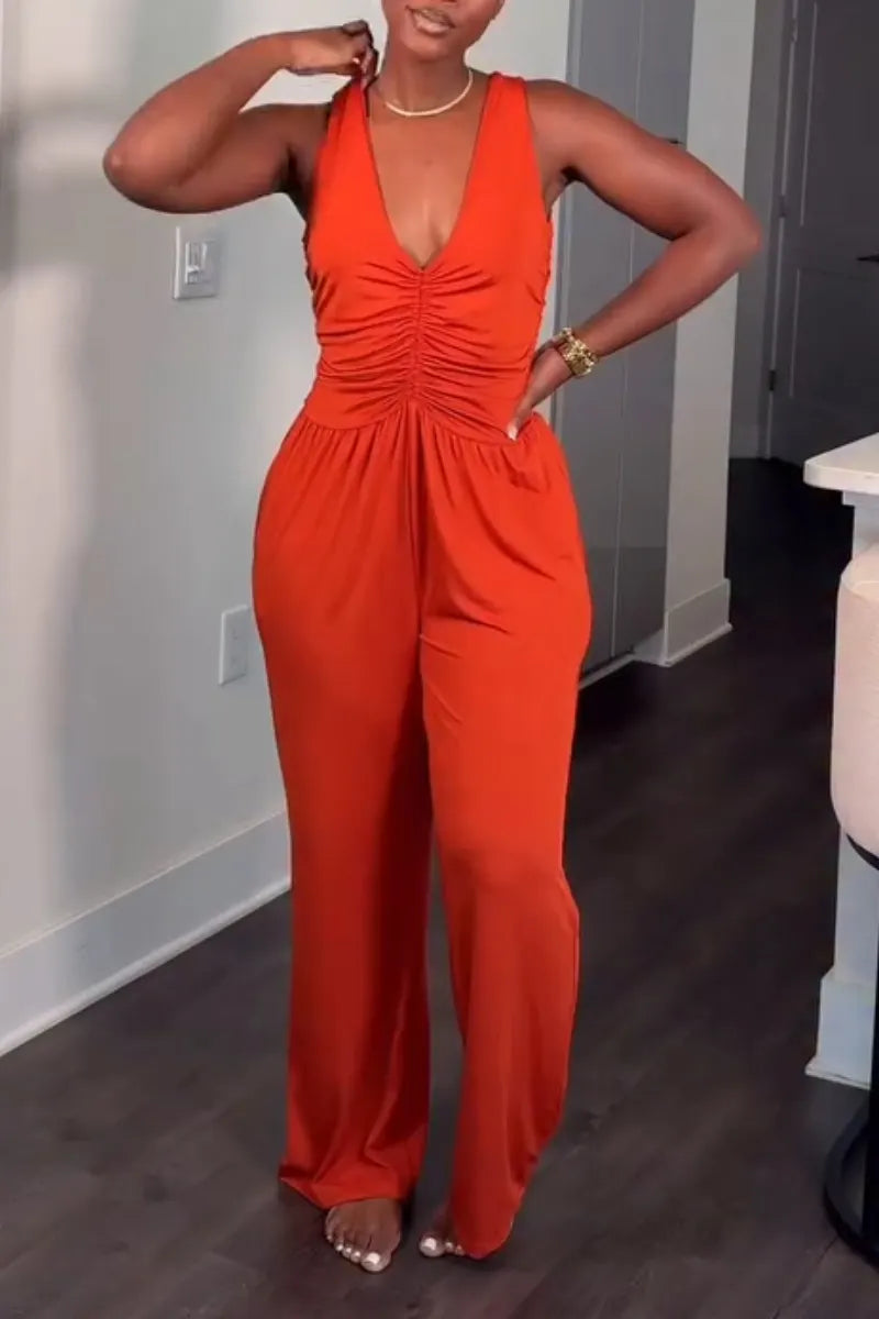 Women's Deep V-neck Solid Color Sleeveless Patchwork Casual Jumpsuit