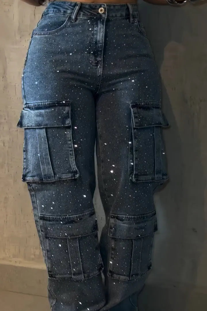 Casual Cargo Pocket Rhinestone Washed Wide Leg Jeans