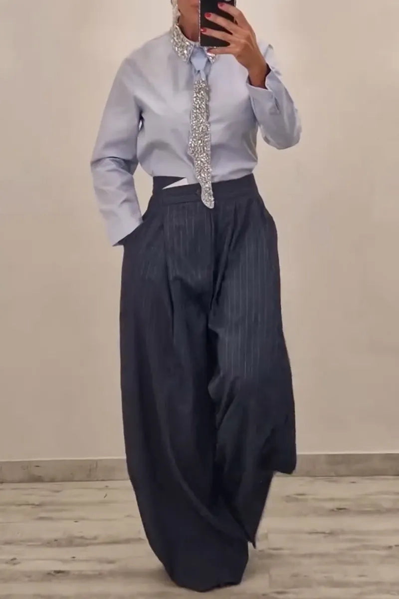 Women's Fashion Rhinestone Neckline Shirt with Belt or Stripe Suit Pants