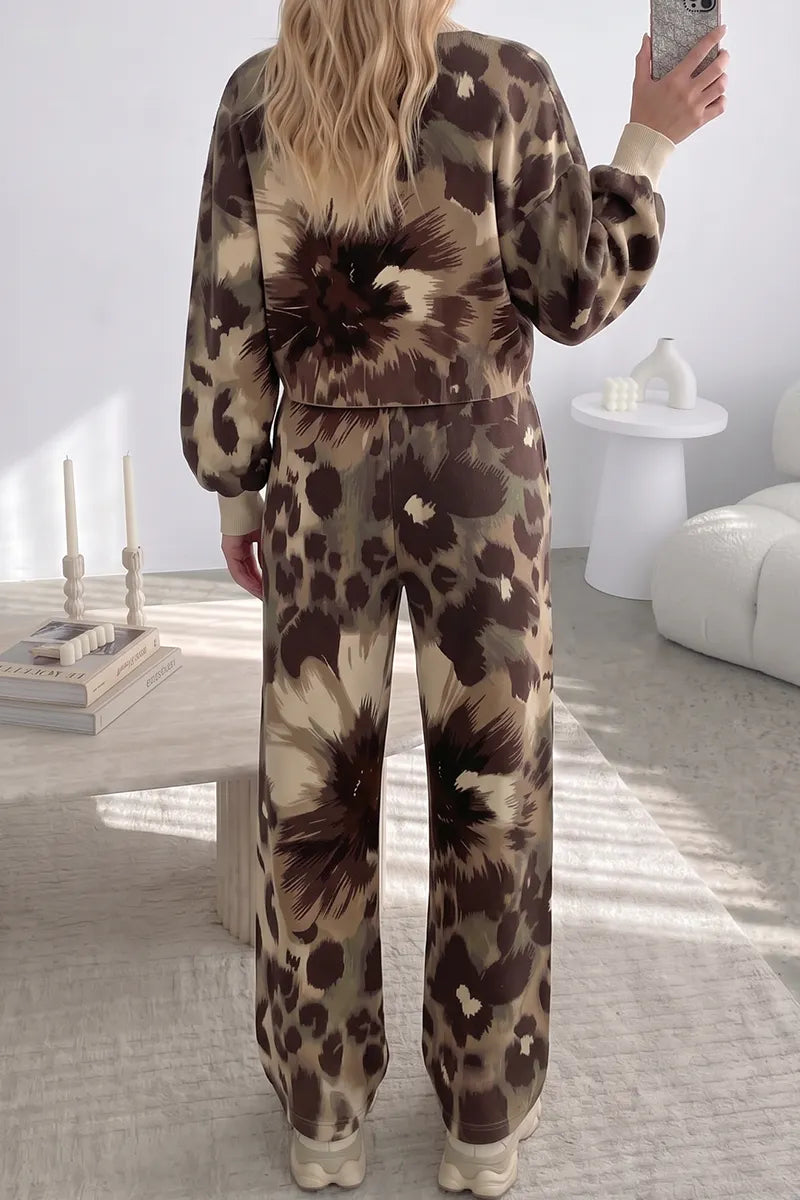 Women's 2-Piece Animal Print Loungewear Set Contrast Trim Button Front Cardigan and Matching Pants Co-ord
