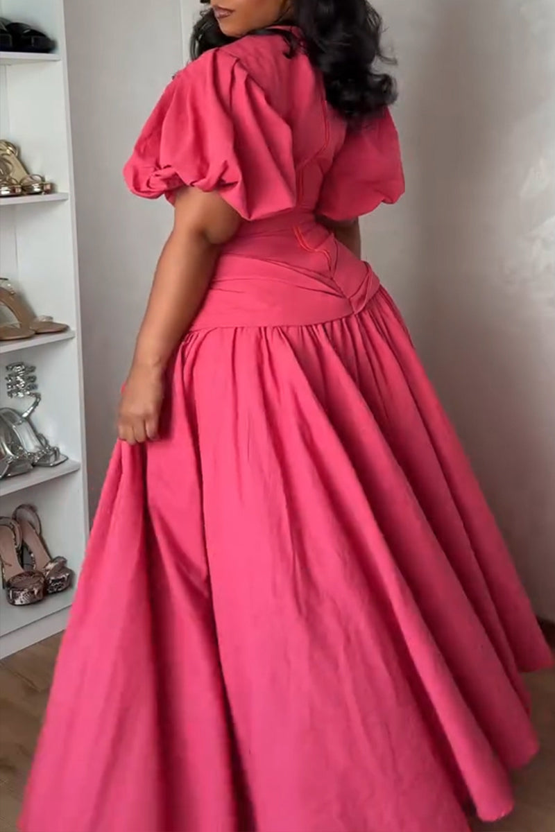 Women's Elegant Puff Sleeve A-Line Hem Maxi Dress