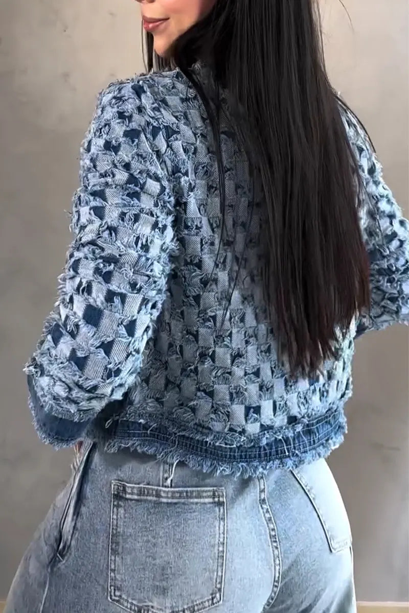 Women's Round Neck Buckle Spliced Denim Jacket or Washed Wide Leg Jeans