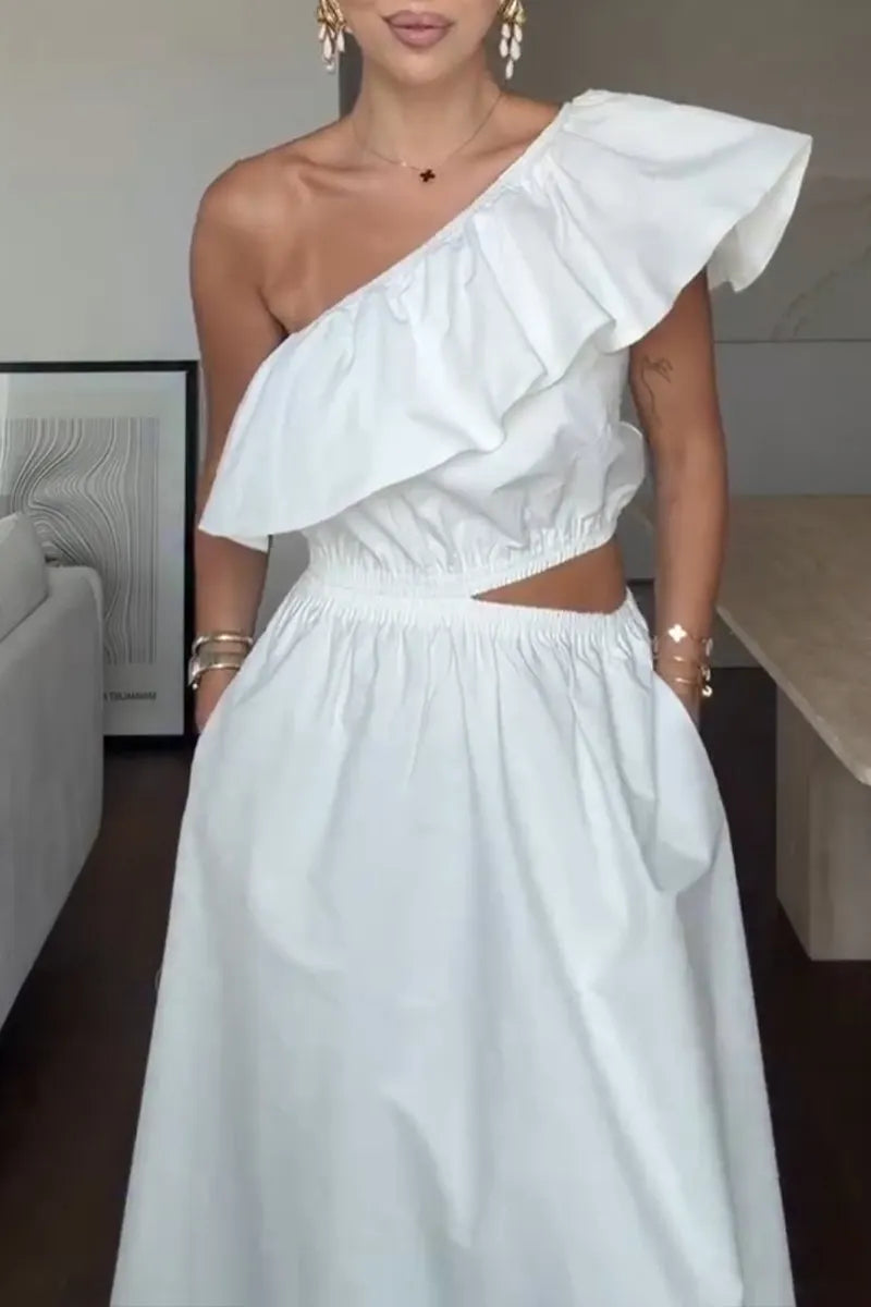 Women's Casual Ruffled Sleeve One Shoulder Waist Cutout  Maxi Dress