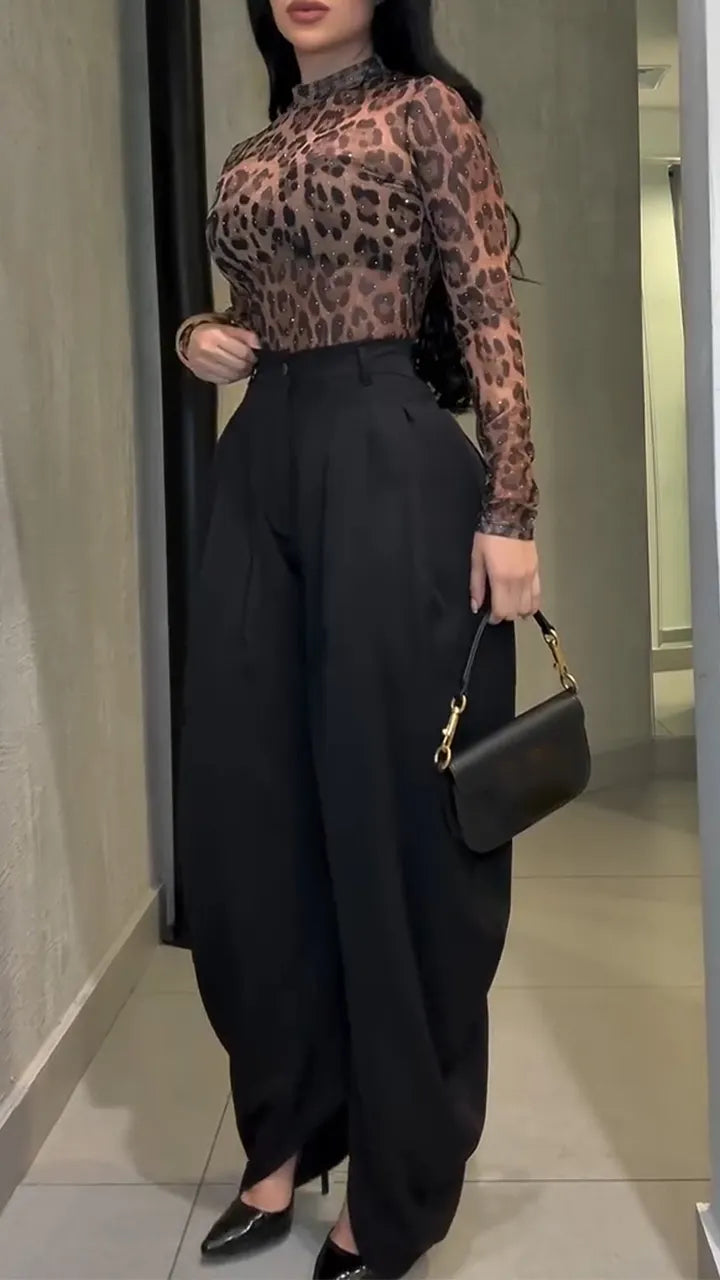 Women Round Neck Printed Top + Pants Temperament Casual Suit