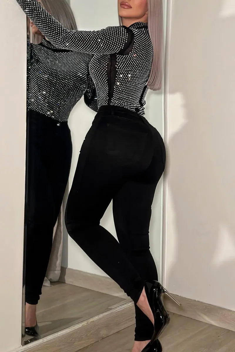 Dazzling Stretch Crystal Embellished Women's Long Sleeve Top