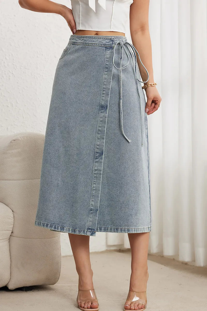 Classic Figure-Flattering Denim Skirt with Elegant Waist Tie