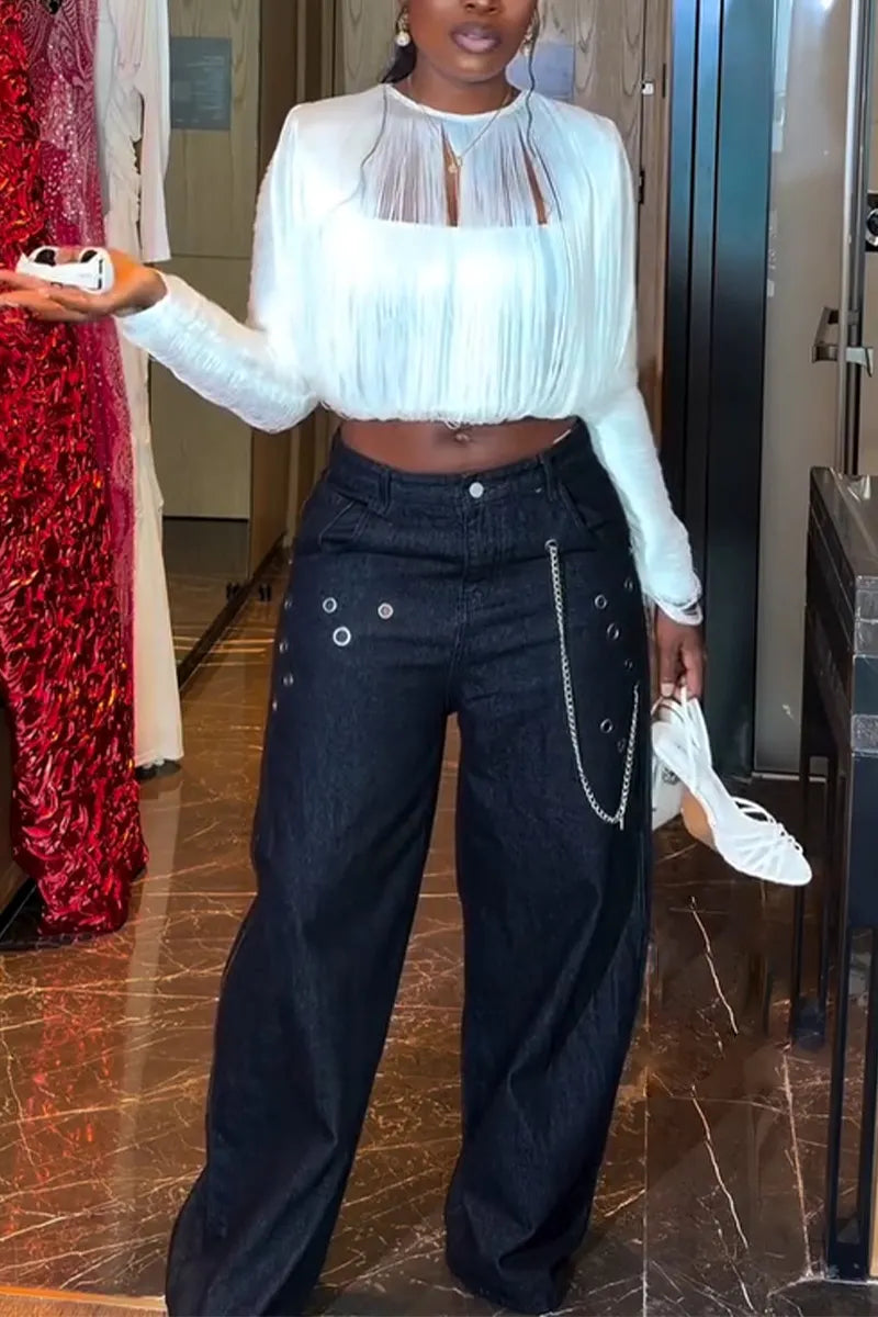Women's Casual Round Neck Spliced Hollow Top or Jeans