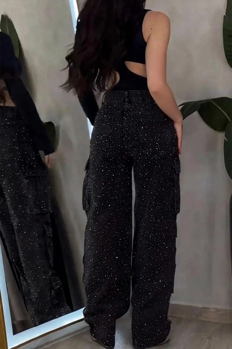 Women's Fashion Shiny Rhinestone Cargo Jeans