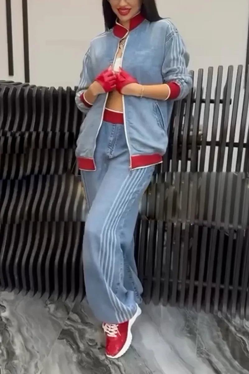 Women's Casual Round Neck Spliced Jacket or Vertical Striped Jeans