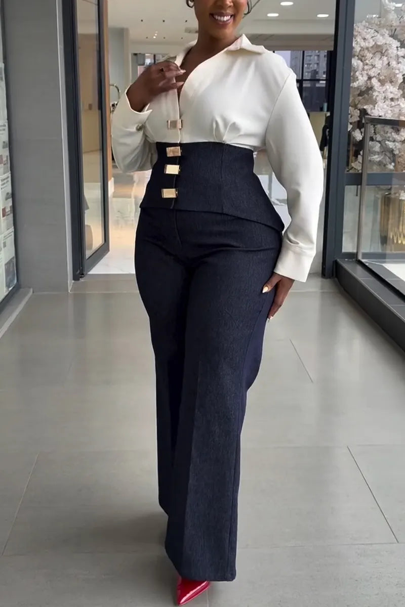 Women's Collar Splicing Metal Buckle Top+ Pants Temperament Commuting Suit