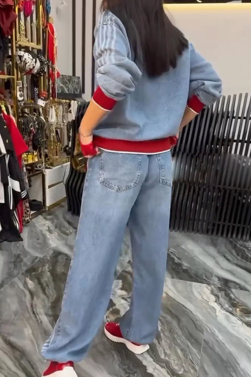 Women's Casual Round Neck Spliced Jacket or Vertical Striped Jeans