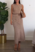 Women's Round Neck Sleeveless Irregular Top+ Half Skirt Solid Color Elegant Casual Set