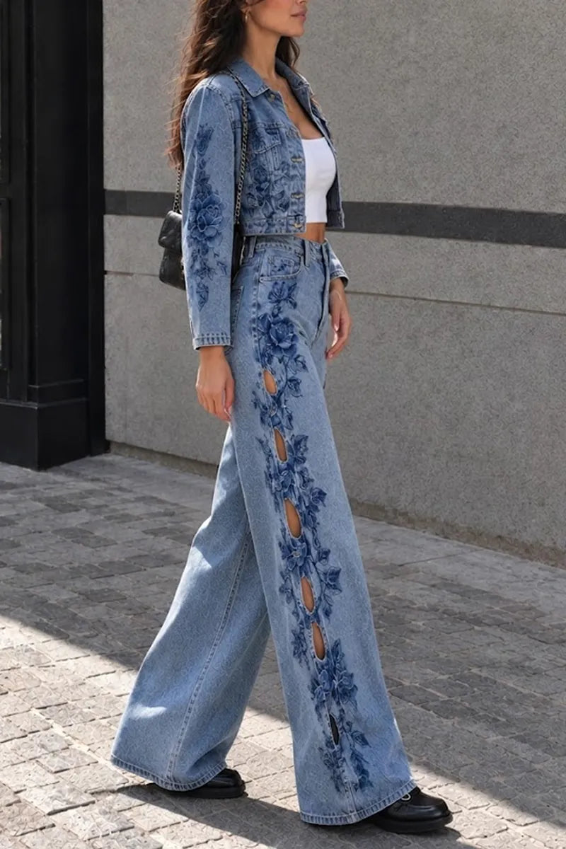 Women's Cropped Lapel Denim Floral  Blue Jacket or Jeans
