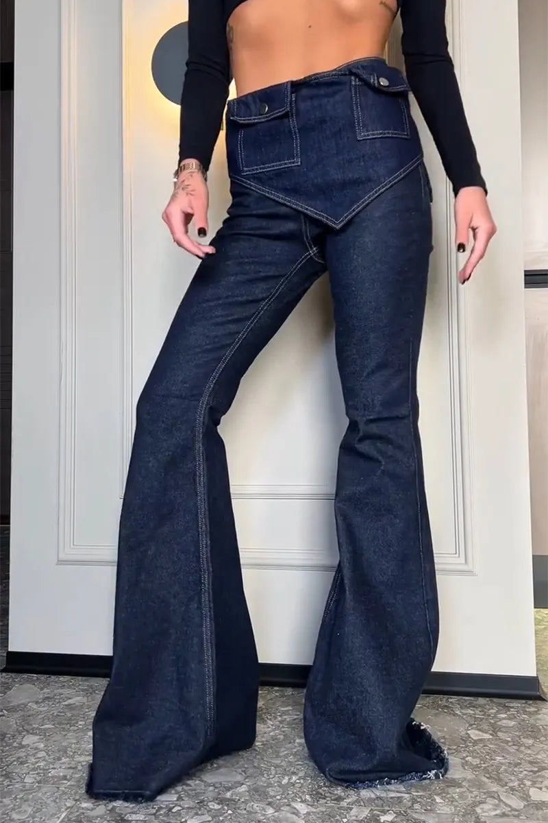 Women's Casual Pocket Removable Belt Flare Jeans