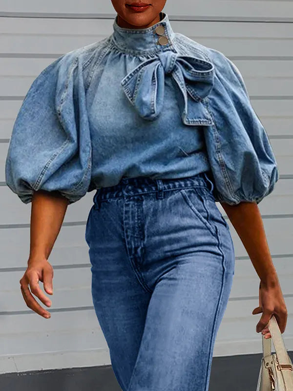 Elegant Ombre Puff Sleeve Denim Top