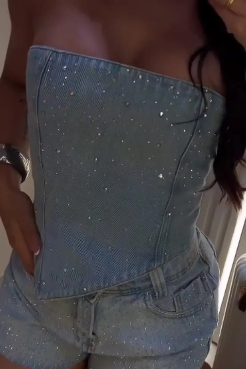 Women's Sparkly Rhinestone Denim Rhinestone-Embellished Tube Top Or Shorts
