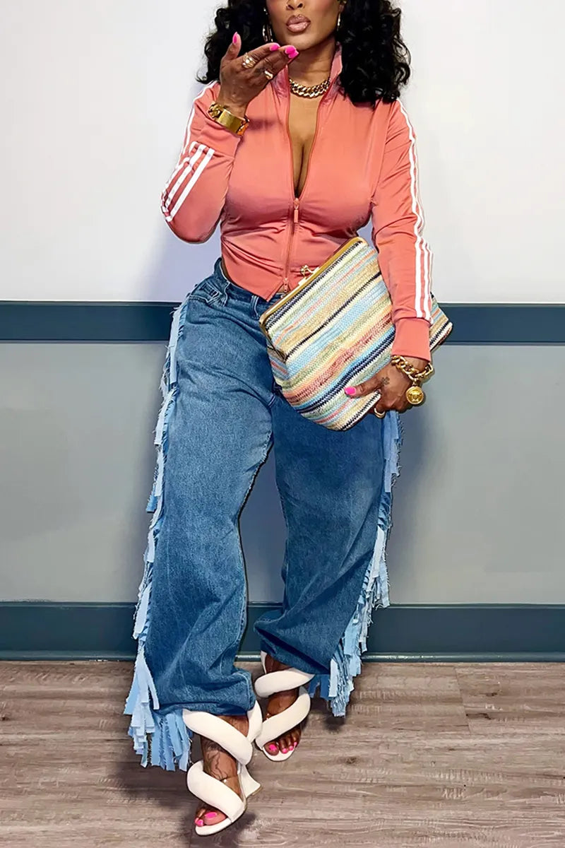 Women's Casual Side Fringe Decoration Wide Leg Jeans