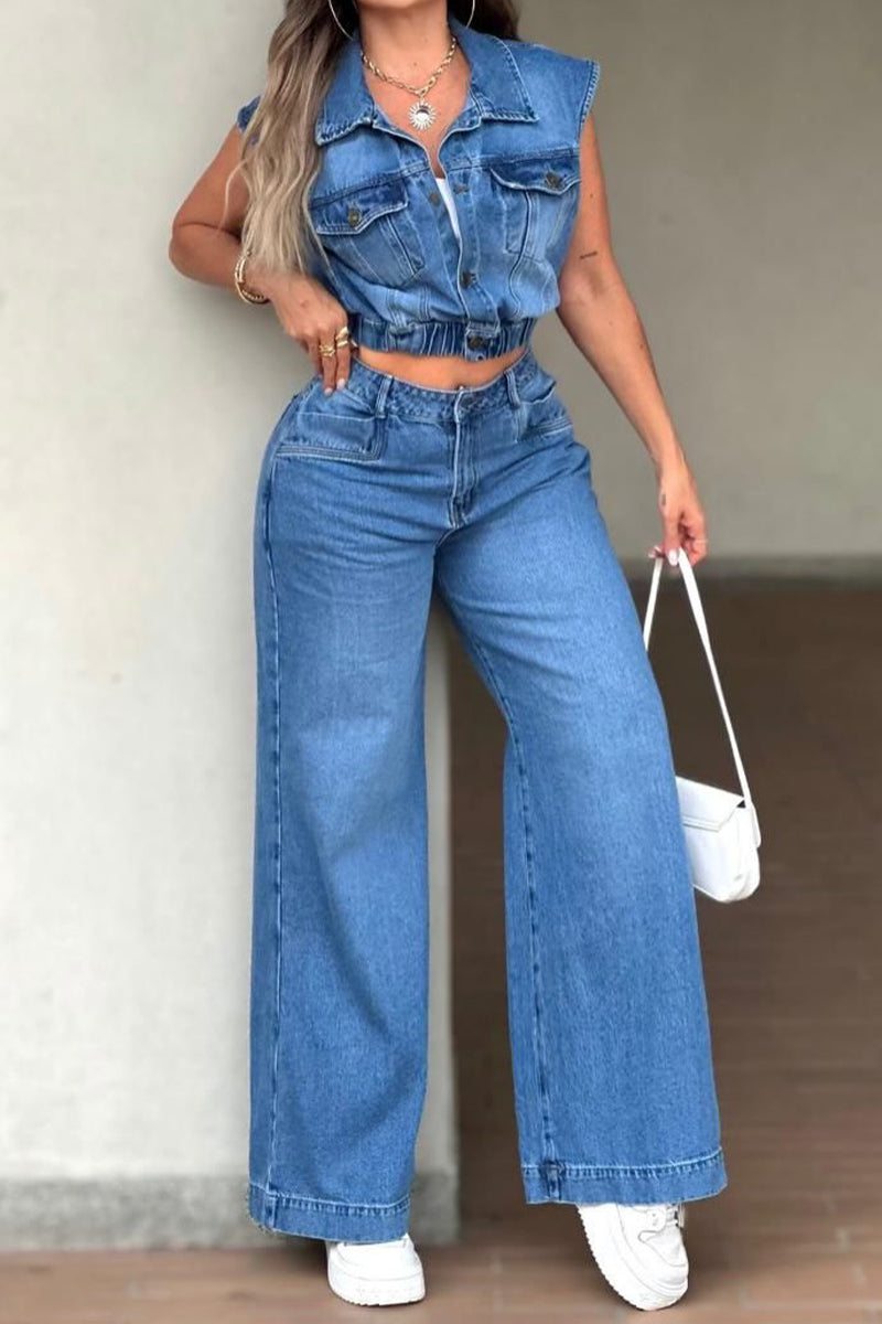 Hot Selling Women's Casual Denim Tops And Straight Leg Jeans