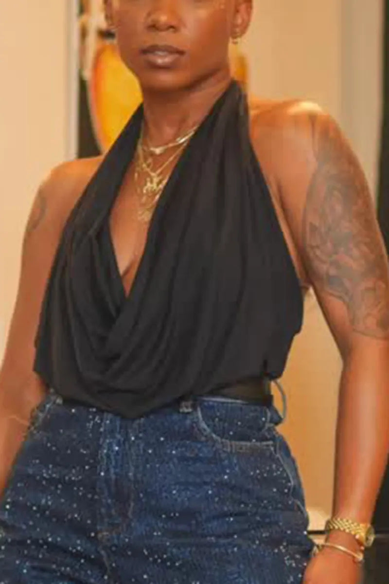 Women's Elegant Cowl Neck Vest & Rhinestone Cropped Jeans