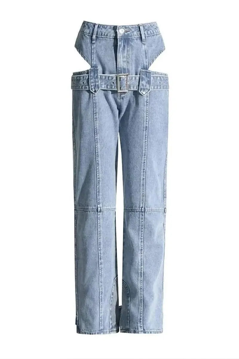 Women Vintage Acid Wash Cut Out Hip Belt Detail Stitched Seam Oversized Wide Leg Denim Trousers