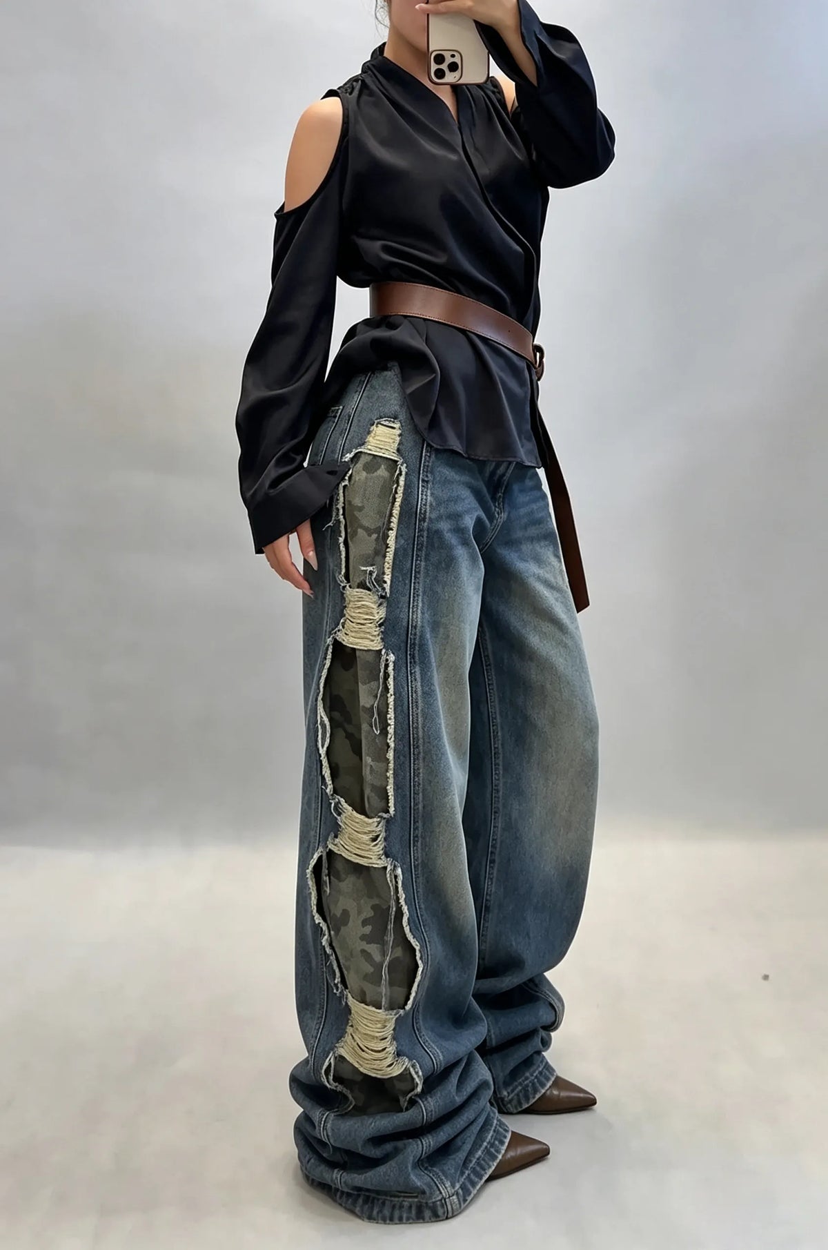 Women's Street Style Side Camo Patchwork Wide Leg Jeans