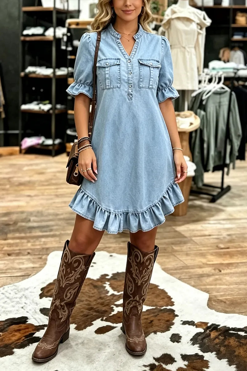 Women's Casual Ruffle Hem Washed Denim Mini Dress