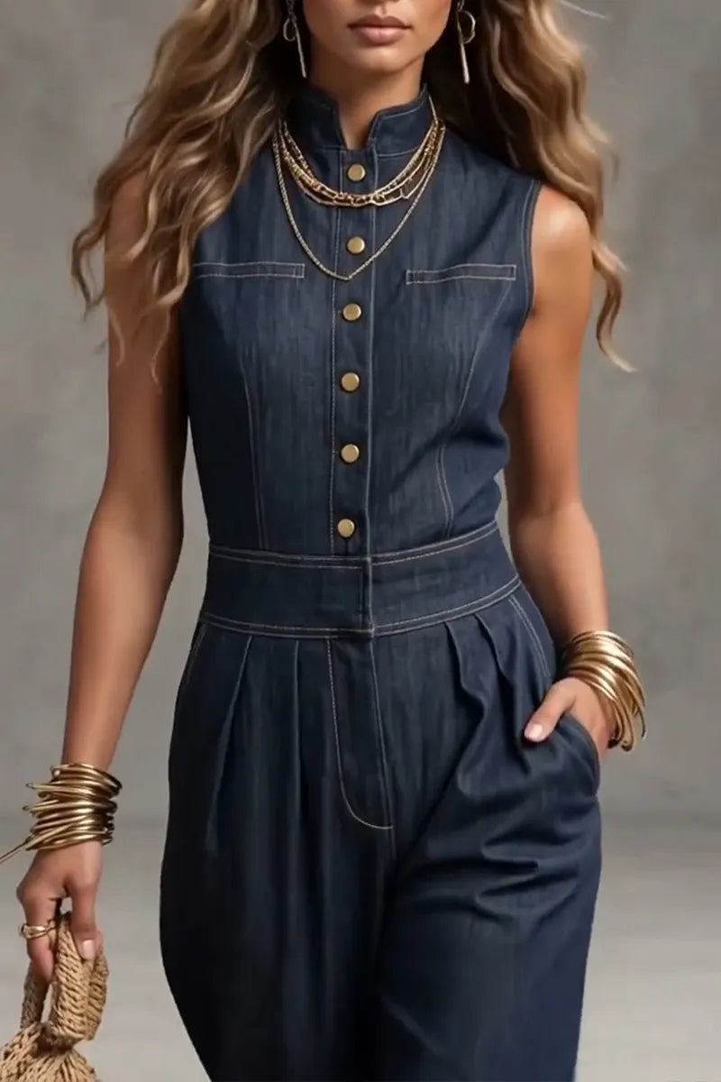 Women's Casual Button Elastic Cuff Denim Jumpsuit