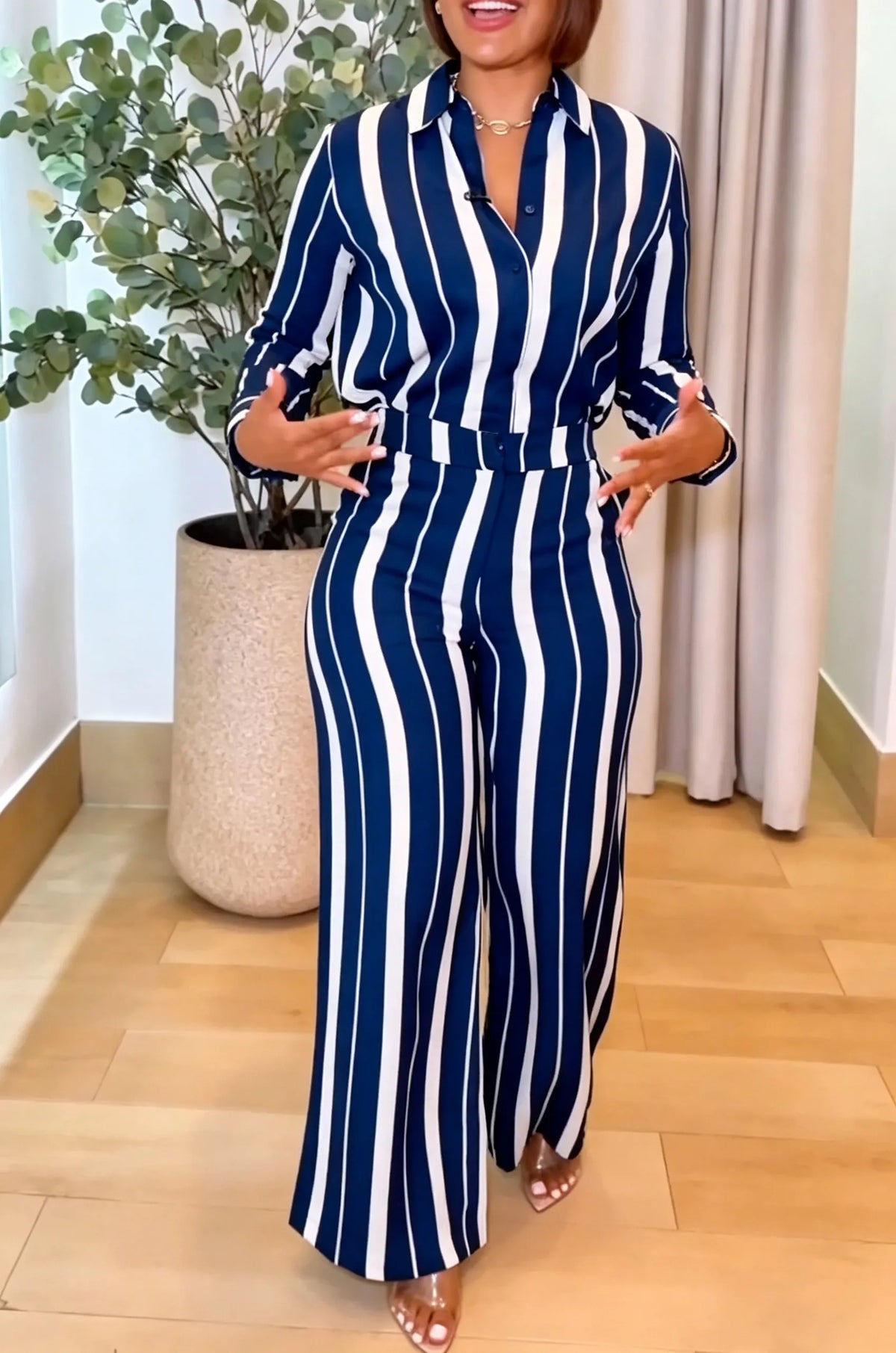 Women's Casual Daily Stripe Shirt Pants Two-Piece Set