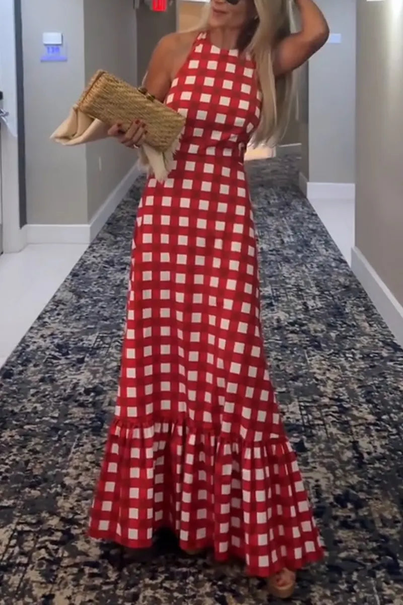 Women's Neck Hanging Patchwork Plaid Print Elegant Casual Dress