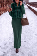 Women's 2-Piece Winter Warm Outfit: Crewneck Ribbed Knit Maxi Dress with Matching Faux Fur Vest Set