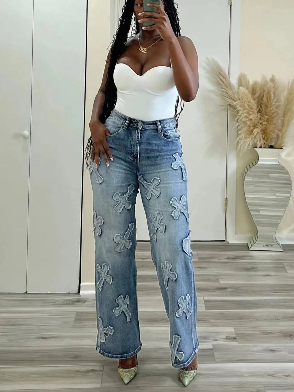 Vintage Fringe Cross Washed Straight Leg Jeans