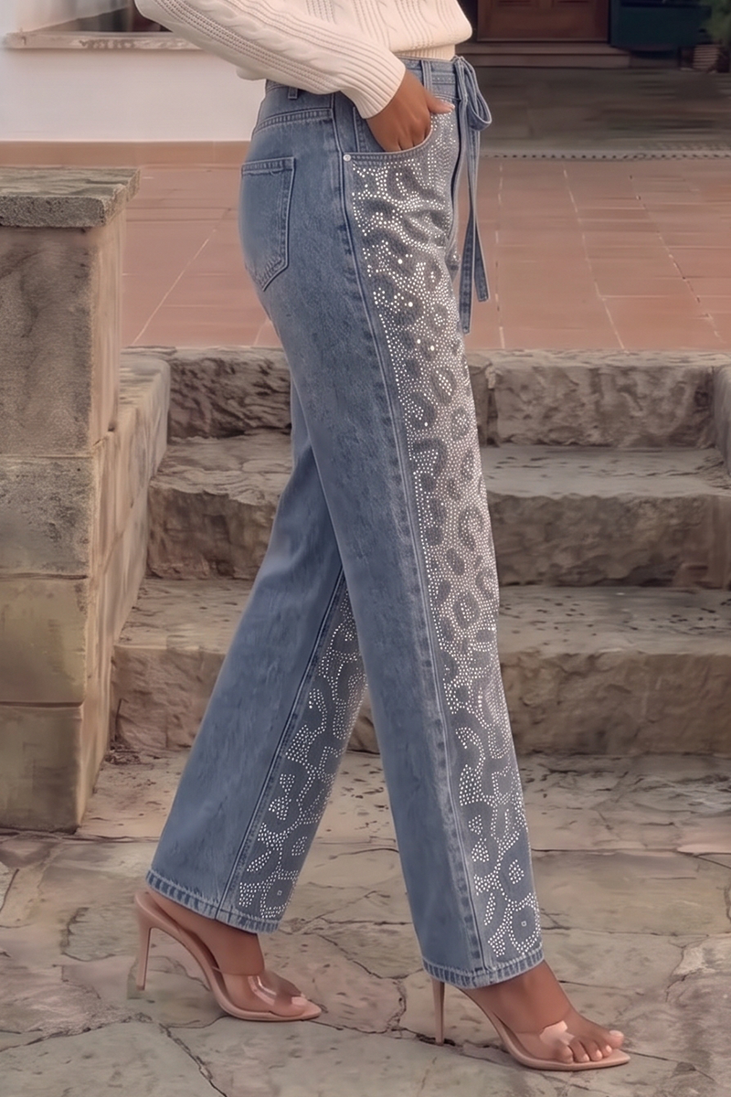 Women's High Rise Leopard Print Straight Leg Jeans with Belt Washed Casual Denim Trousers