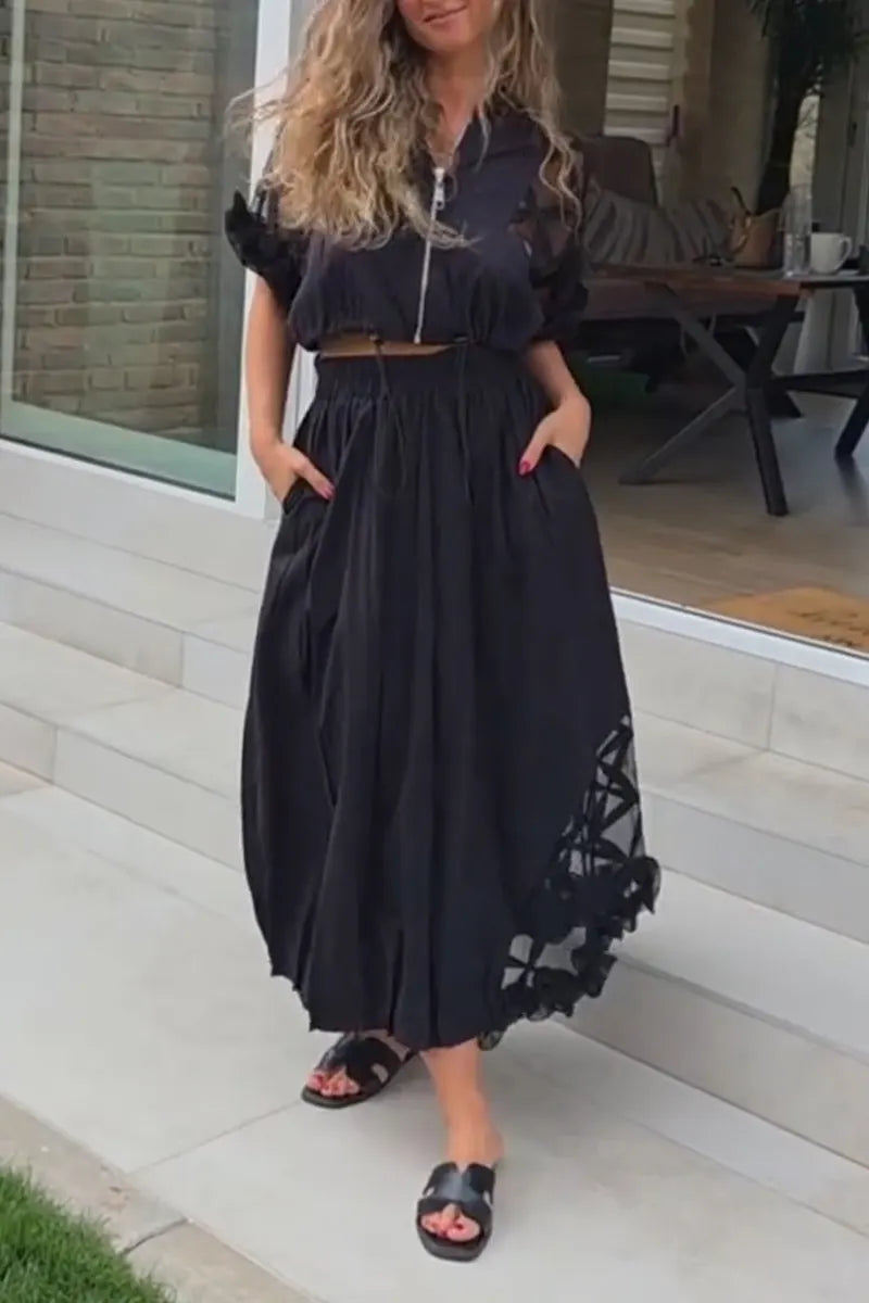 Women's Round Neck Zipper Splicing Perspective Short Jacket+ Splicing Half Skirt Elegant Casual Set
