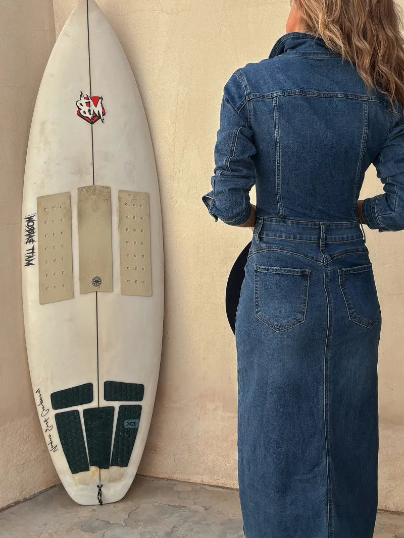 Elegant Slit Hem Long Sleeve Denim Midi Dress