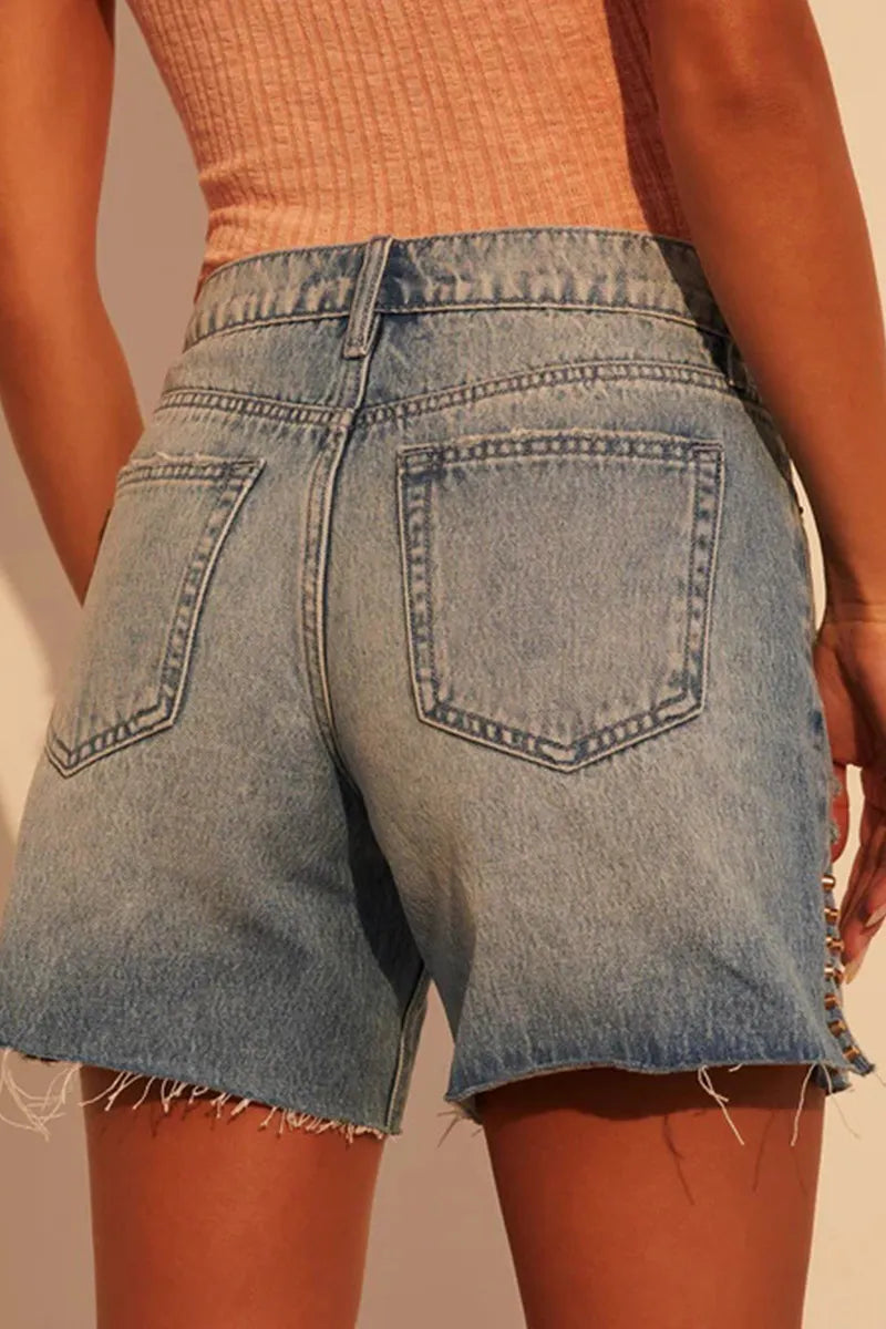 Women's Casual Stud Frayed Hem Denim Short