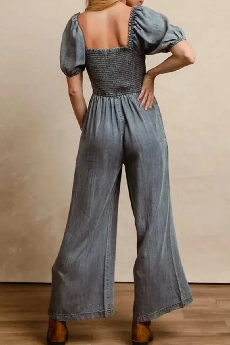Women's Casual Puff Sleeve Wide Leg Denim Jumpsuit (Belts Are Not For Sale)