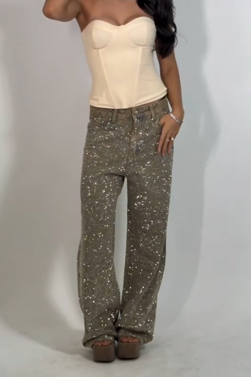 Women's Pattern Hot Pressed Diamond Casual Wide Leg Jeans