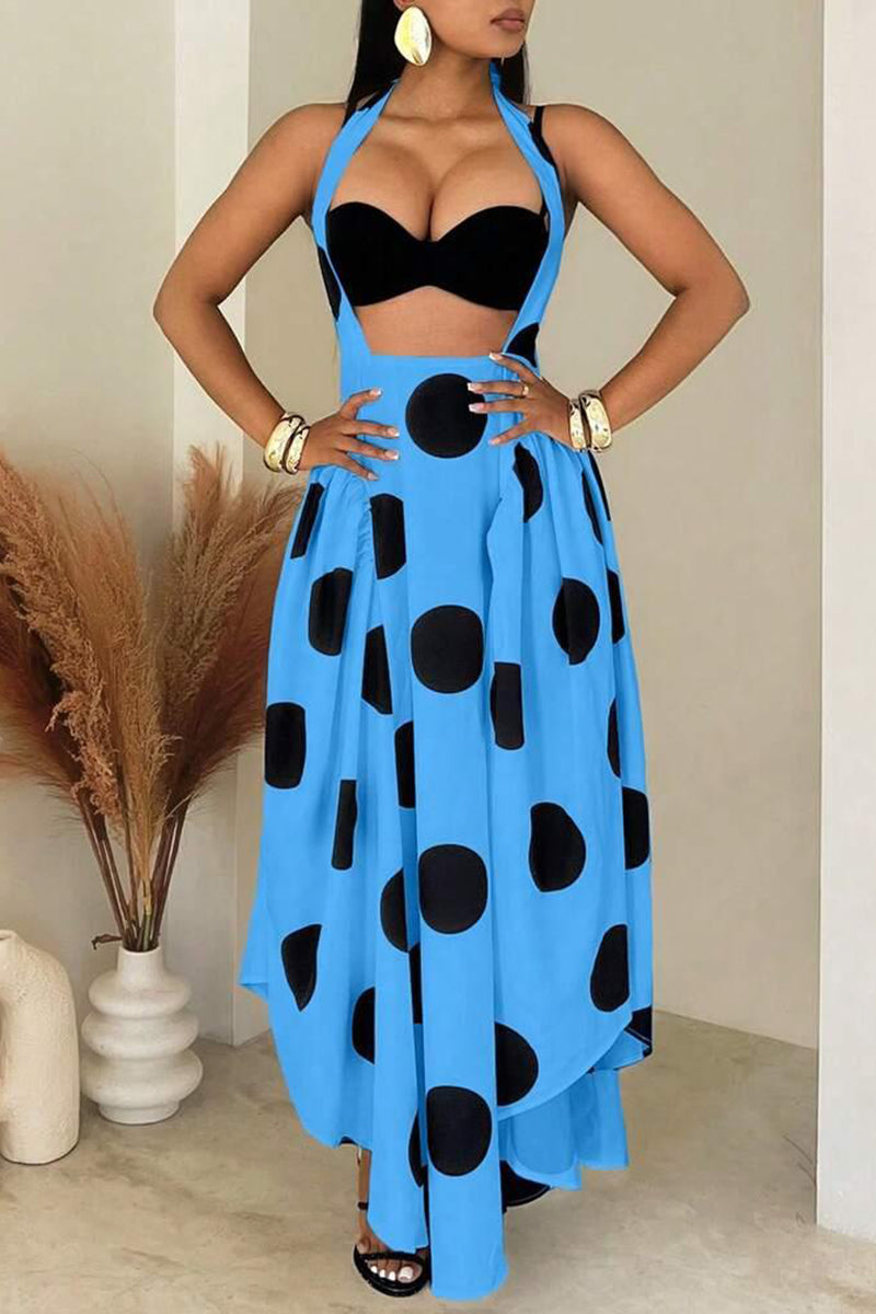 Women's Neck Hanging Patchwork Polka Dot Print Irregular Casual Dress