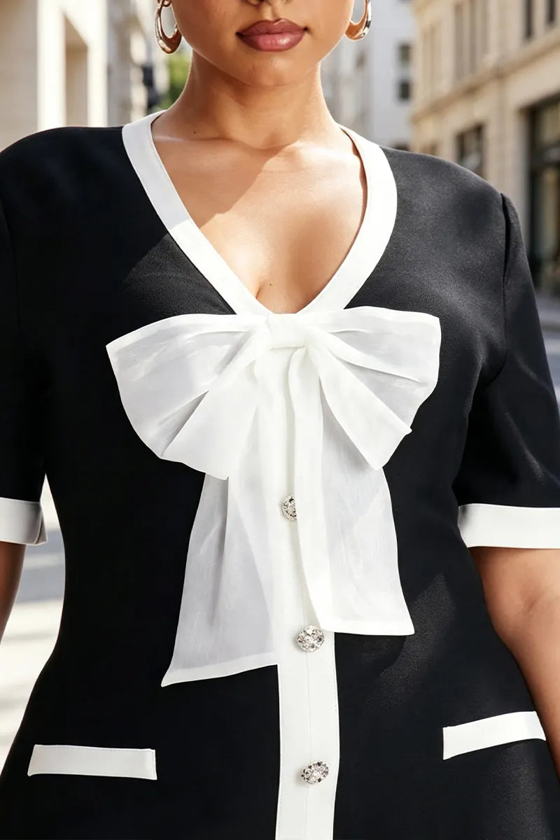 Women's V-neck Buckle Spliced Bow Elegant Casual Dress