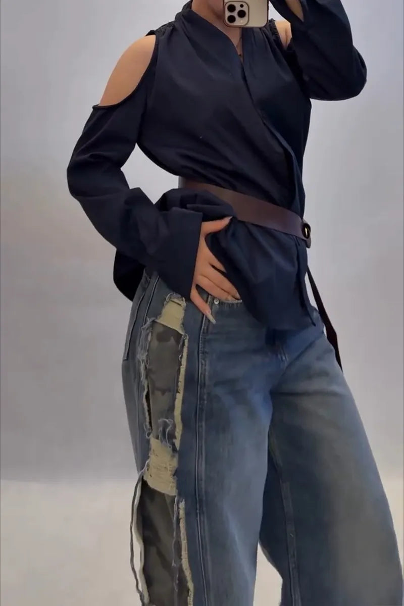 Women's Street Style Side Camo Patchwork Wide Leg Jeans