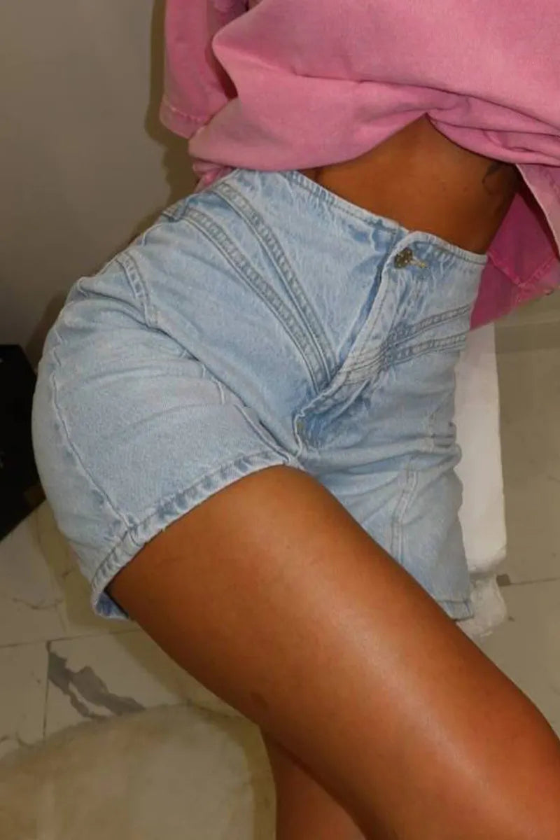 Women's High-Waisted Denim Shorts with Asymmetrical Waist & Seam Details