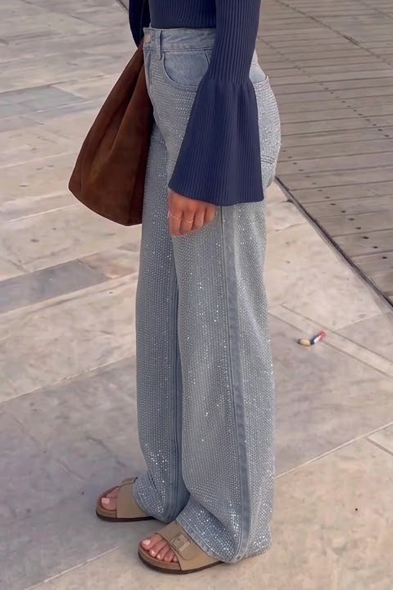 Women's Sparkle Rhinestone Wide Leg Jeans High Waisted Light Wash Bling Denim Trousers