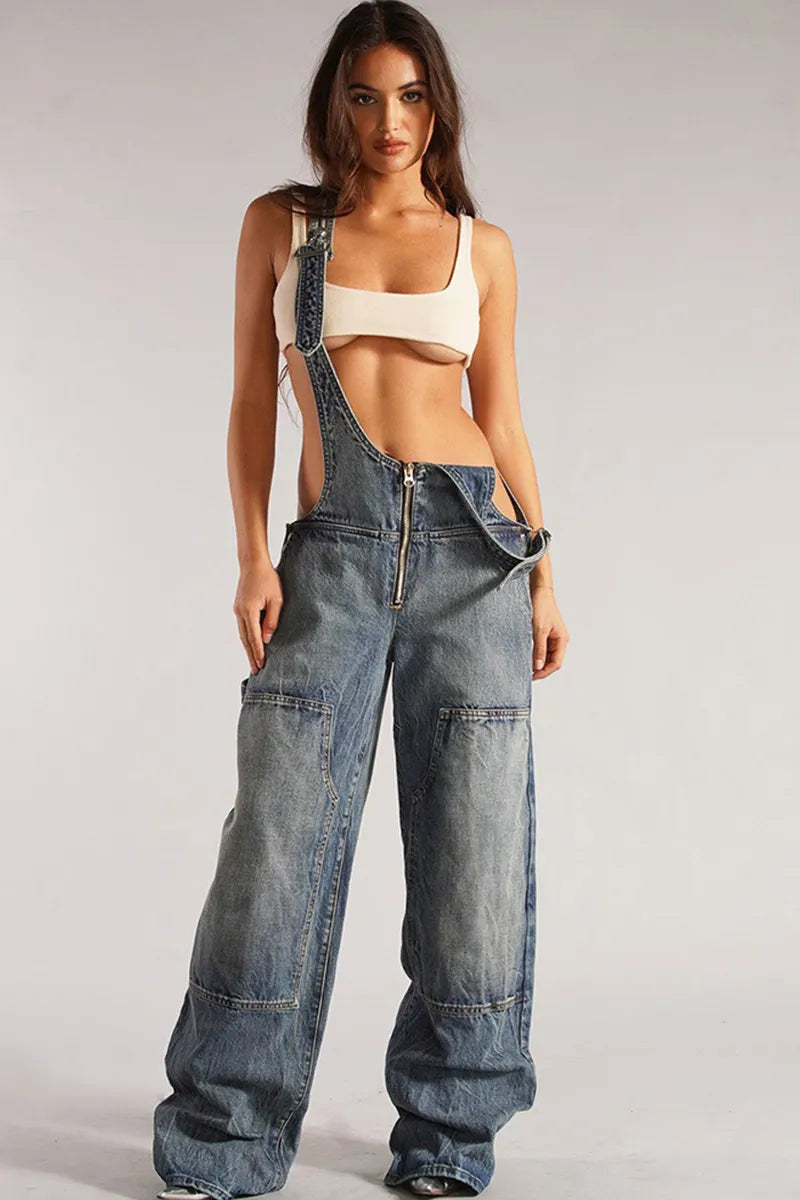 Women's Loose Utility Denim Jumpsuit with Multiple Pockets